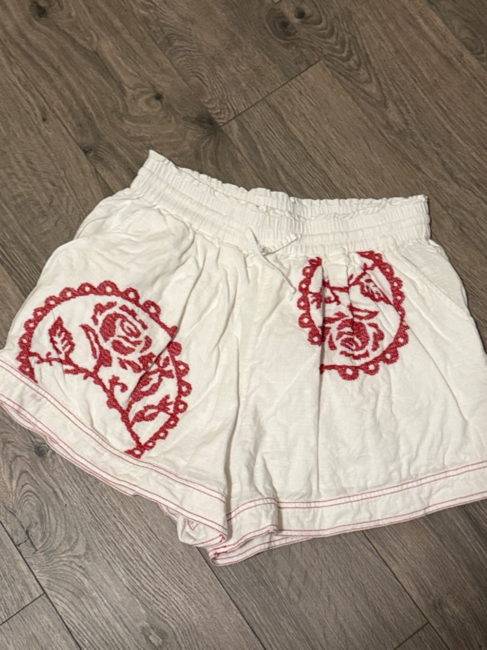 Free People White High-Rise Shorts with Red Rose Embroidery